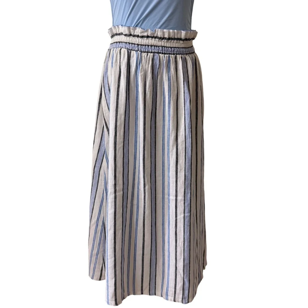 A New Day Striped Paperbag Waist Midi Skirt Blue White‎ Linen Blend XS